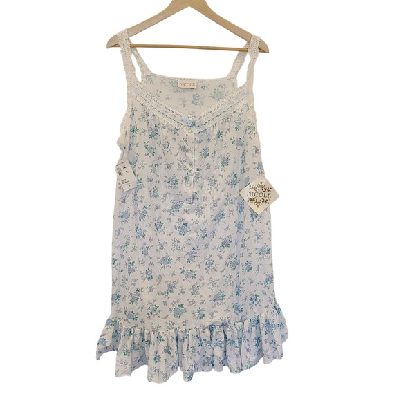 NEW Vtg Nicole Short Nightgown Sz M White Knit Blue Floral Crochet Trim Prarie - Picture 1 of 5